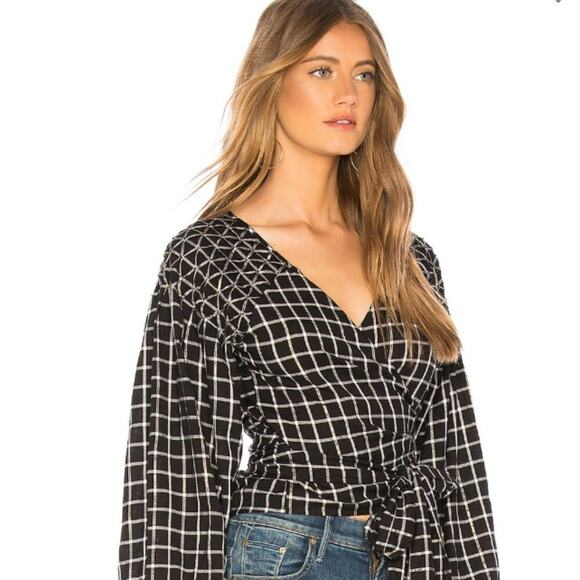 Tularosa Camille Wrap Top Black White Plaid Long Sleeve Blouse Sz XS - Picture 9 of 9